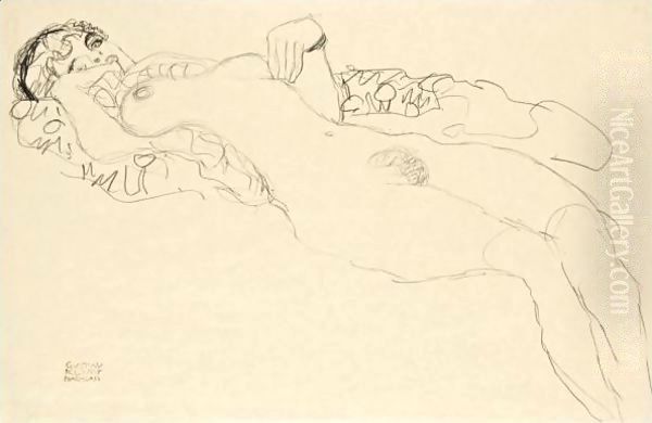 Liegender Madchenakt Nach Links (Reclining Female Nude Facing Left) Oil Painting by Gustav Klimt