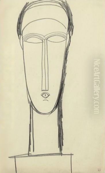 Tete De Face Posee Sur Un Socle Oil Painting by Amedeo Modigliani