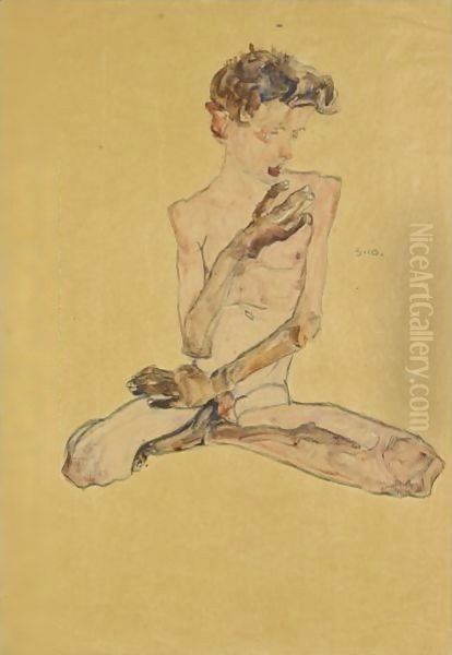 Sitzender Junge (Seated Boy) Oil Painting by Egon Schiele