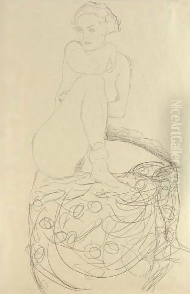 Mit Aufgestelltem Rechten Bein Sitzender Akt (Seated Nude With Raised Right Leg) Oil Painting by Gustav Klimt