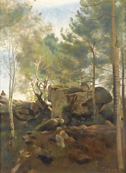 Fontainebleau. Pins Et Bouleaux Dans Les Rochers Oil Painting by Jean-Baptiste-Camille Corot