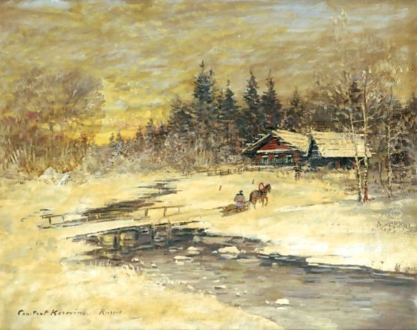 Traineau Passant Sur Un Pont Au Soleil Couchant Oil Painting by Konstantin Alexeevich Korovine