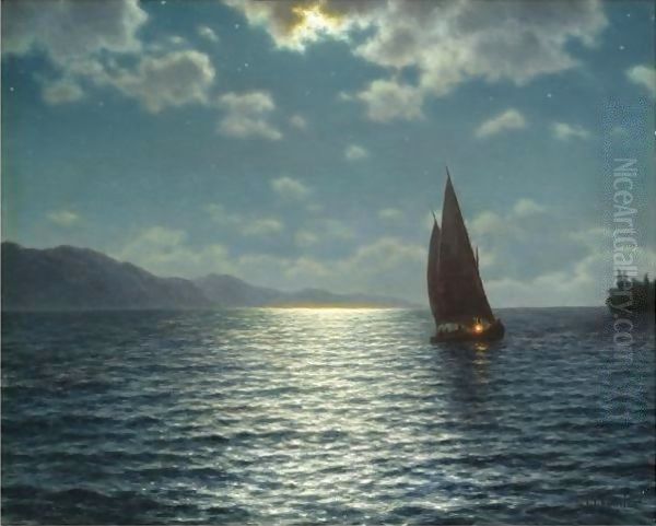 Moonrise Over Lake Leman Oil Painting by Ivan Fedorovich Choultse