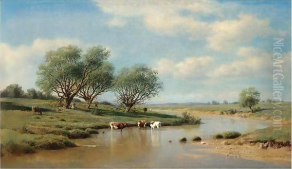 Cattle Watering Oil Painting by Mikhail Konstantinovich Klodt