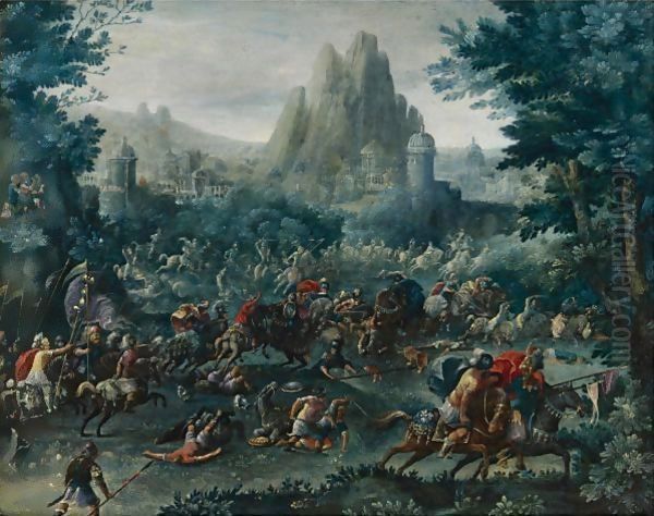 Cavalry Skirmish With A Mountainous Landscape Beyond Oil Painting by Frans I Francken