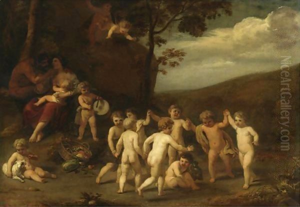 Putti Making Music And Dancing In A Landscape Oil Painting by Cornelis Holsteyn