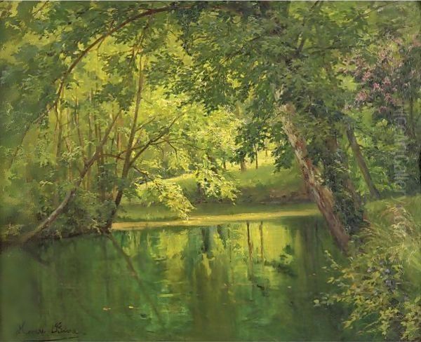 Woodland Pond Oil Painting by Henri Biva