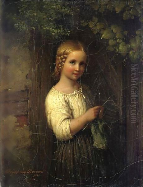 Knitting Girl Oil Painting by Meyer Georg von Bremen