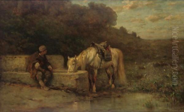 A Rest By The Fountain Oil Painting by Adolf Schreyer