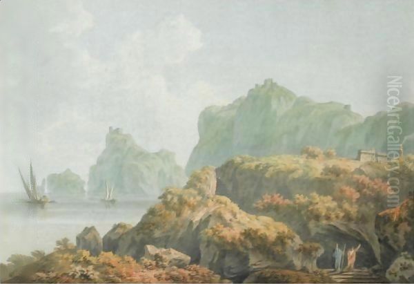 Classical Figures On Steps At The Gulf Of Salerno Oil Painting by John Warwick Smith