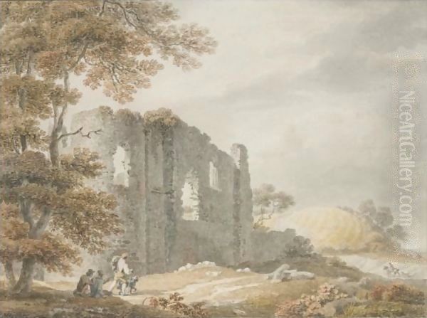 Travellers By A Ruined Castle Oil Painting by Michael Angelo Rooker