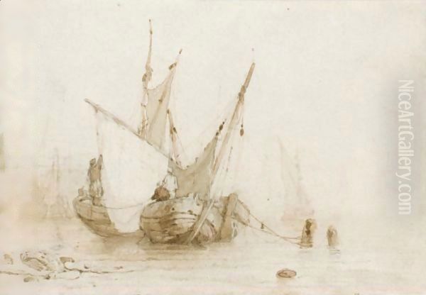 Anchored Boats At Low Tide Oil Painting by Richard Parkes Bonington