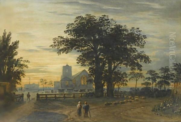 Willesden Church, Middlesex, With Harrow Church In The Distance Oil Painting by John Varley