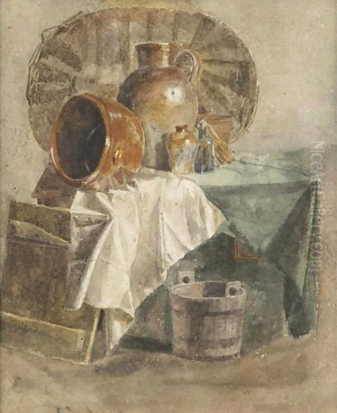 Still Life With A Basket, Jars, A Bowl And White Cloth Oil Painting by Peter de Wint