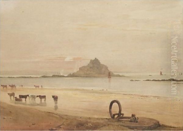 Cattle On The Beach With St. Michael's Mount Beyond Oil Painting by Samuel Prout