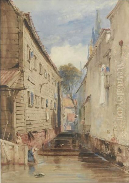 A Canal Between Old Buildings At Rotterdam Oil Painting by James Holland