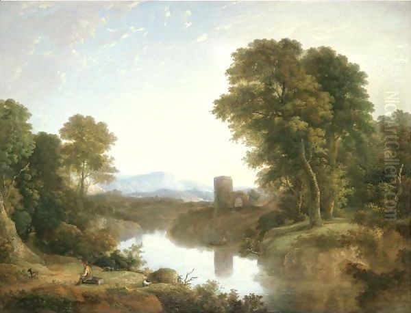 Landscape With River And Castle Ruin Beyond Oil Painting by William Traies