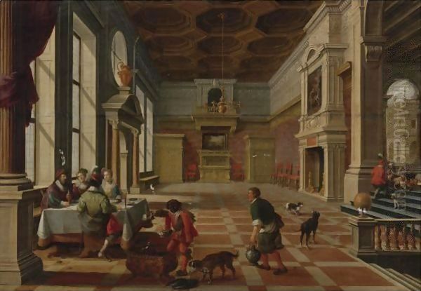 Interior Of A Palace With Elegant Figures Dining (Parable Of Lazarus And The Rich Man) Oil Painting by Bartholomeus Van Bassen