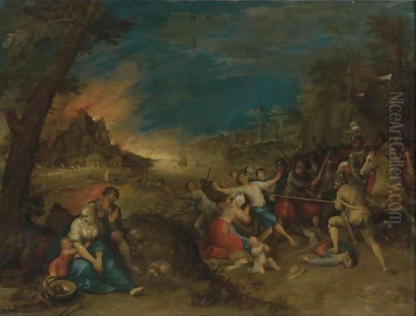 Soldiers Attacking Peasants Before A Burning Village (The Horrors Of War) Oil Painting by Frans the younger Francken