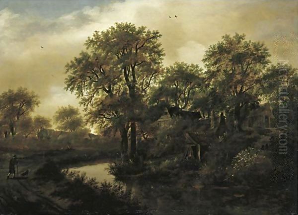 A Landscape With A Stream, Cottages In A Wood, And A Peasant With His Dog On A Path Oil Painting by Meindert Hobbema