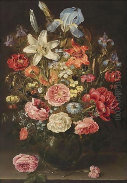 A Still Life Of Lilies, Roses, Iris, Pansies, Columbine, Love-In-A-Mist, Larkspur And Other Flowers In A Glass Vase Oil Painting by Clara Peeters