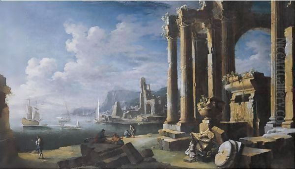 A Capriccio Of Architectural Ruins With A Seascape Beyond Oil Painting by Leonardo Coccorante