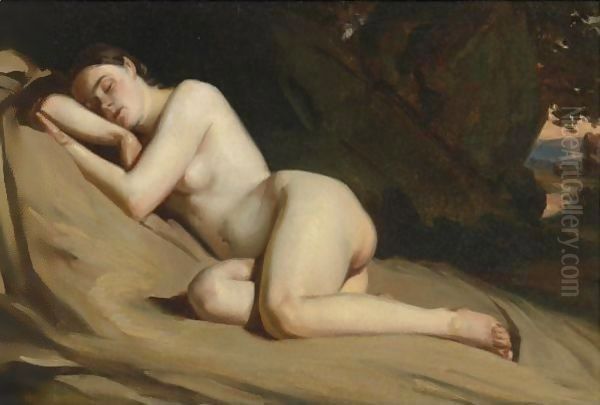 Reclining Female Nude In A Landscape Oil Painting by William Etty