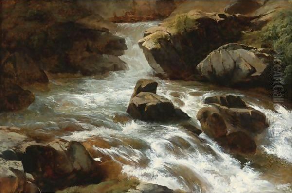 A Rocky Stream With Rapids Oil Painting by Alexandre Calame