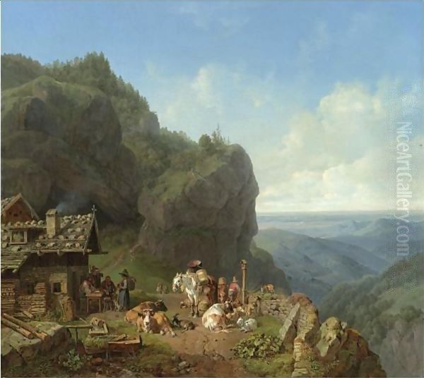 Tavern In The Alps Oil Painting by Heinrich Burkel