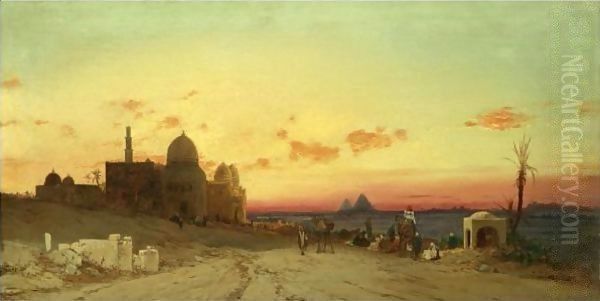 A View Of The Tomb Of The Caliphs With The Pyramids Of Giza Beyond, Cairo Oil Painting by Hermann David Solomon Corrodi