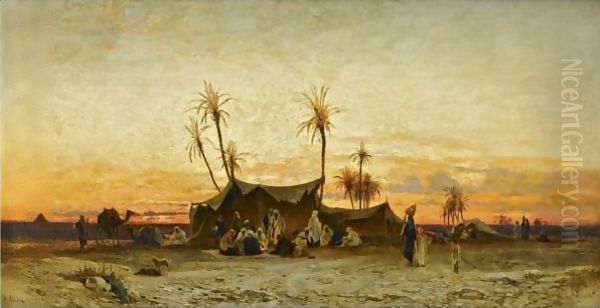 An Arab Encampment At Sunset Oil Painting by Hermann David Solomon Corrodi