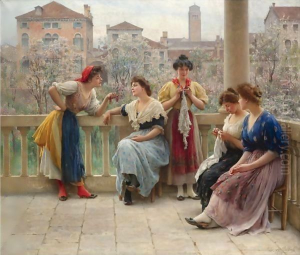 Conversation On The Terrace, Venice Oil Painting by Eugene de Blaas