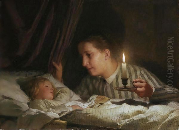 Young Mother Watching Her Sleeping Child By The Candlelight Oil Painting by Albert Anker