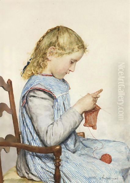 Girl Knitting, 1905 2 Oil Painting by Albert Anker