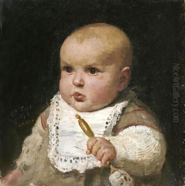 Infant With Rattle, 1878 Oil Painting by Albert Anker