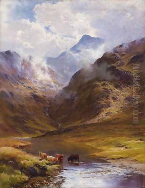 Mountain Landscape With Cows, 1888 Oil Painting by James Henry Crossland