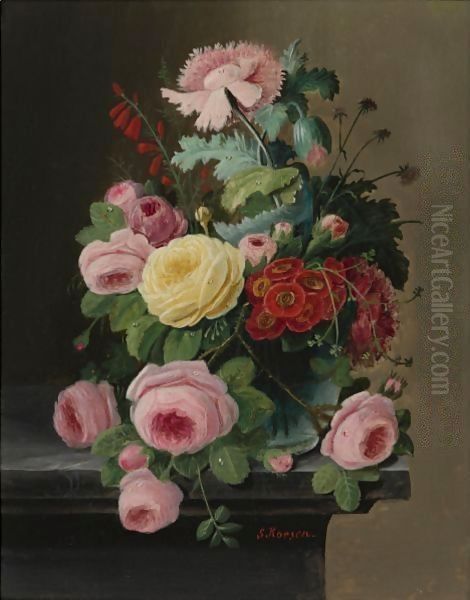 Still Life Of Flowers, Mainly Roses Oil Painting by Severin Roesen