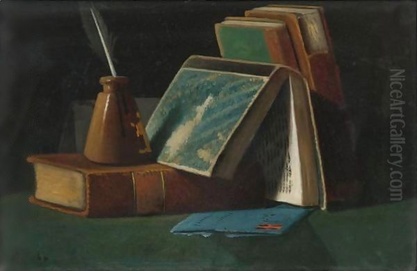 Books And Inkwell Oil Painting by John Frederick Peto