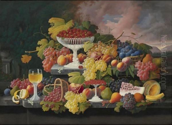 Still Life With Fruit In A Landscape Oil Painting by Severin Roesen