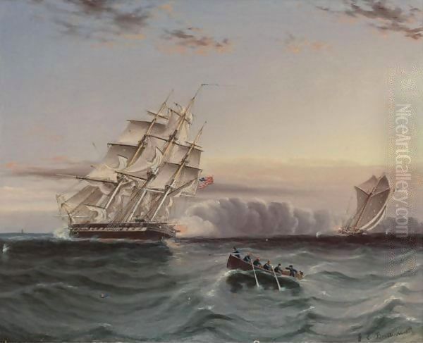 Us Frigate And Privateer Oil Painting by James E. Buttersworth