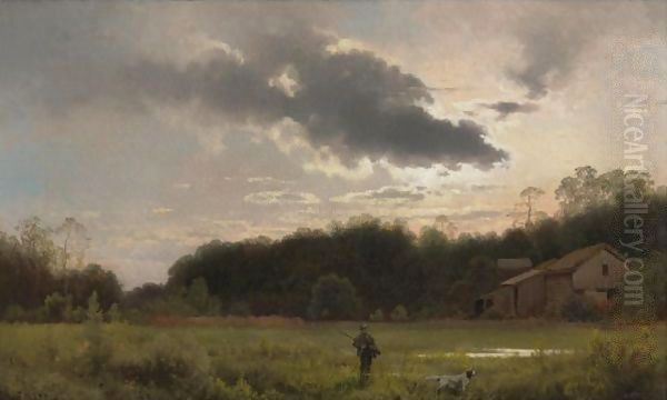 Hunter At Sunrise Oil Painting by Herman Herzog