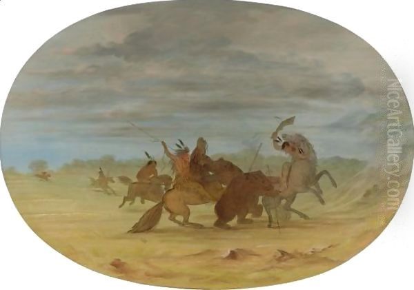 Indians Hunting The Grizzly Bear Oil Painting by George Catlin