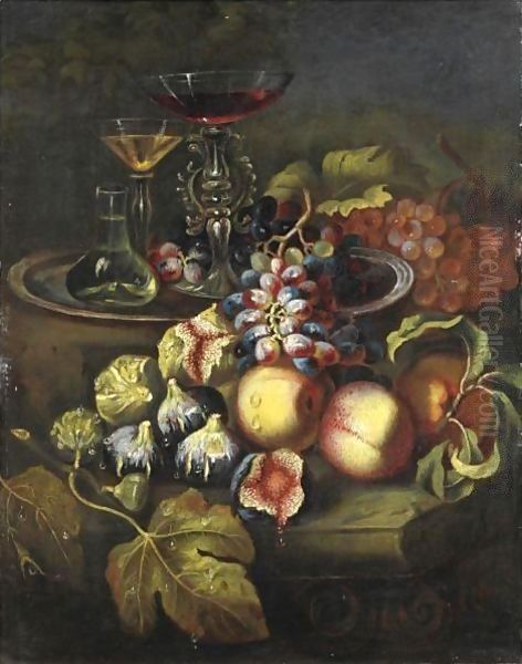 Natura Morta Con Fichi, Pesche, Uva E Bicchieri Di Vetro Oil Painting by Italian School