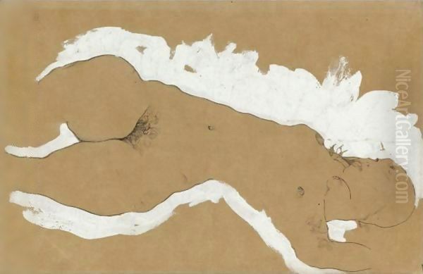 Female Nude With White Border Oil Painting by Egon Schiele