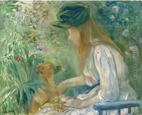 JEUNE FILLE AU CHIEN Oil Painting by Berthe Morisot