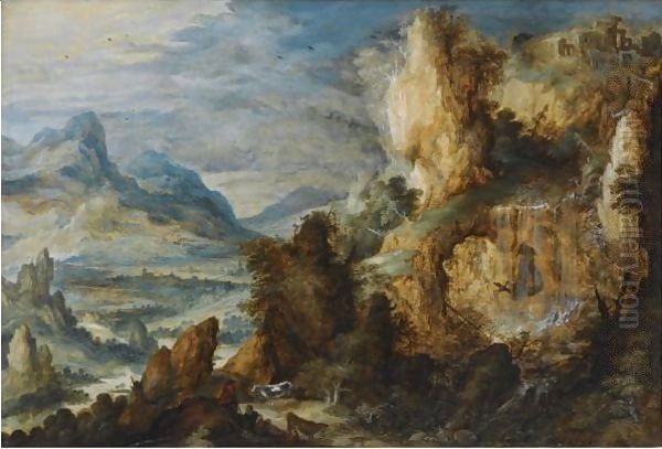 A Panoramic Mountainous Landscape, With Two Shepherds And Their Cattle Resting Along A Path In The Foreground Oil Painting by Kerstiaen De Keuninck The Elder