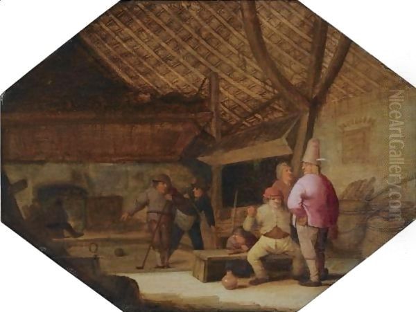 A Barn Interior With Peasants Conversing And Playing Ball Oil Painting by Bartholomeus Molenaer