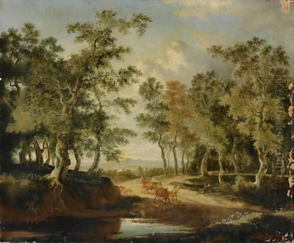 A Wooded Landscape With A Shepherd And His Herd On A Path, Near A Puddle Oil Painting by Jan Hackaert