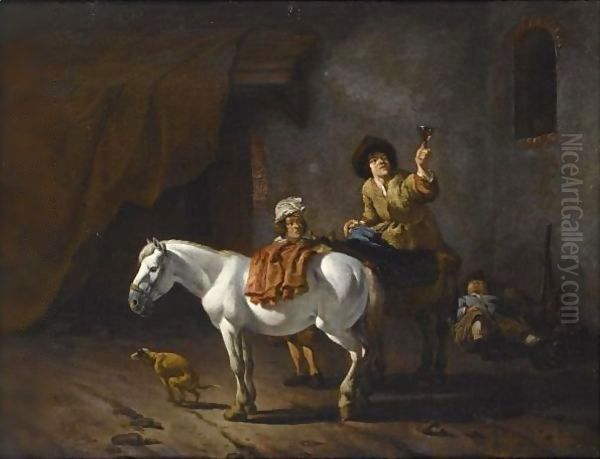 Two Horsemen With Their Horses And A Dog Near A Stable, Another Horseman Sleeping In The Background Oil Painting by Karel Dujardin