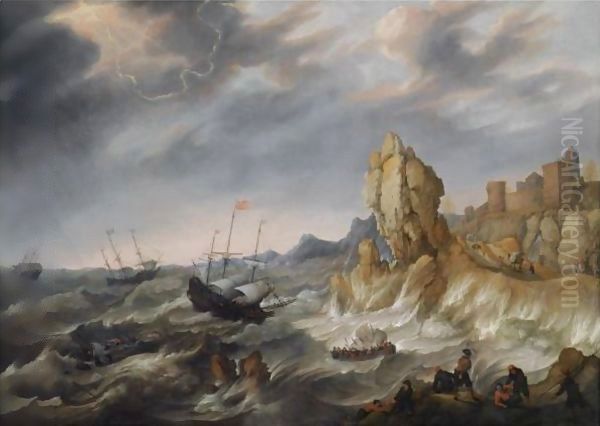 Shipping In A Heavy Storm Along A Rocky Coast Oil Painting by Abraham Willaerts